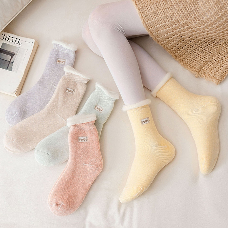 1 Pair Embroidery Letter Print Mid-Tube Snow Socks Women Solid Color Thickened Plush Lining Socks Costume Accessories Image 1