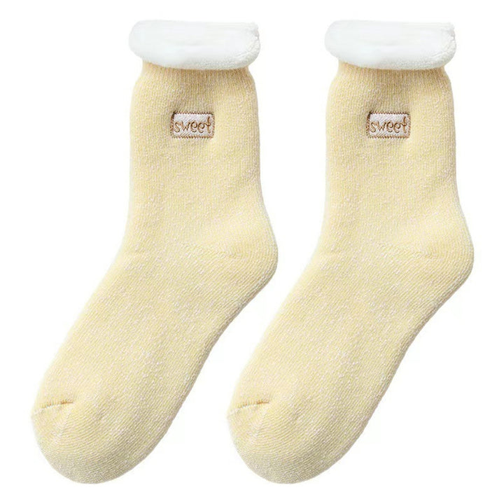 1 Pair Embroidery Letter Print Mid-Tube Snow Socks Women Solid Color Thickened Plush Lining Socks Costume Accessories Image 3