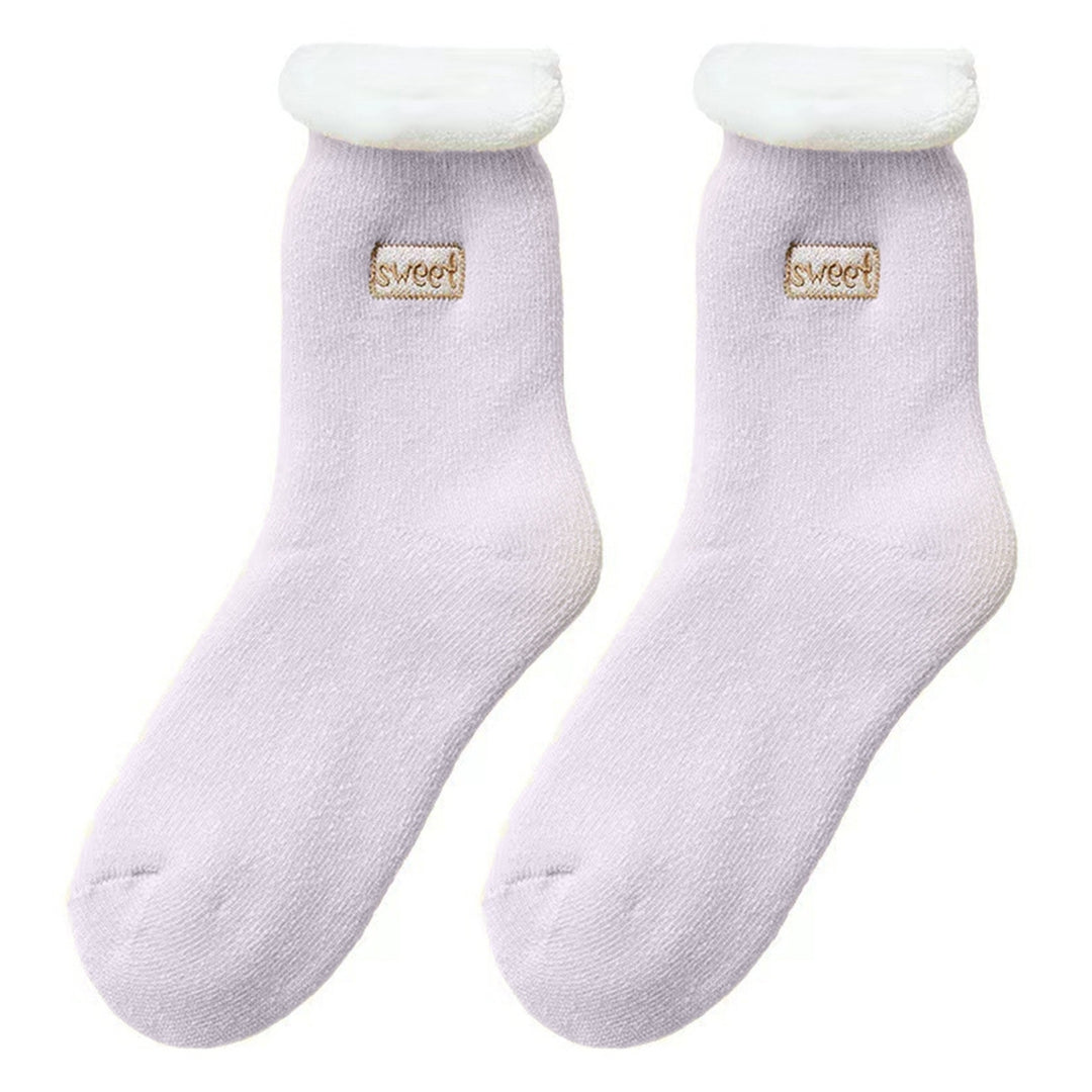 1 Pair Embroidery Letter Print Mid-Tube Snow Socks Women Solid Color Thickened Plush Lining Socks Costume Accessories Image 4