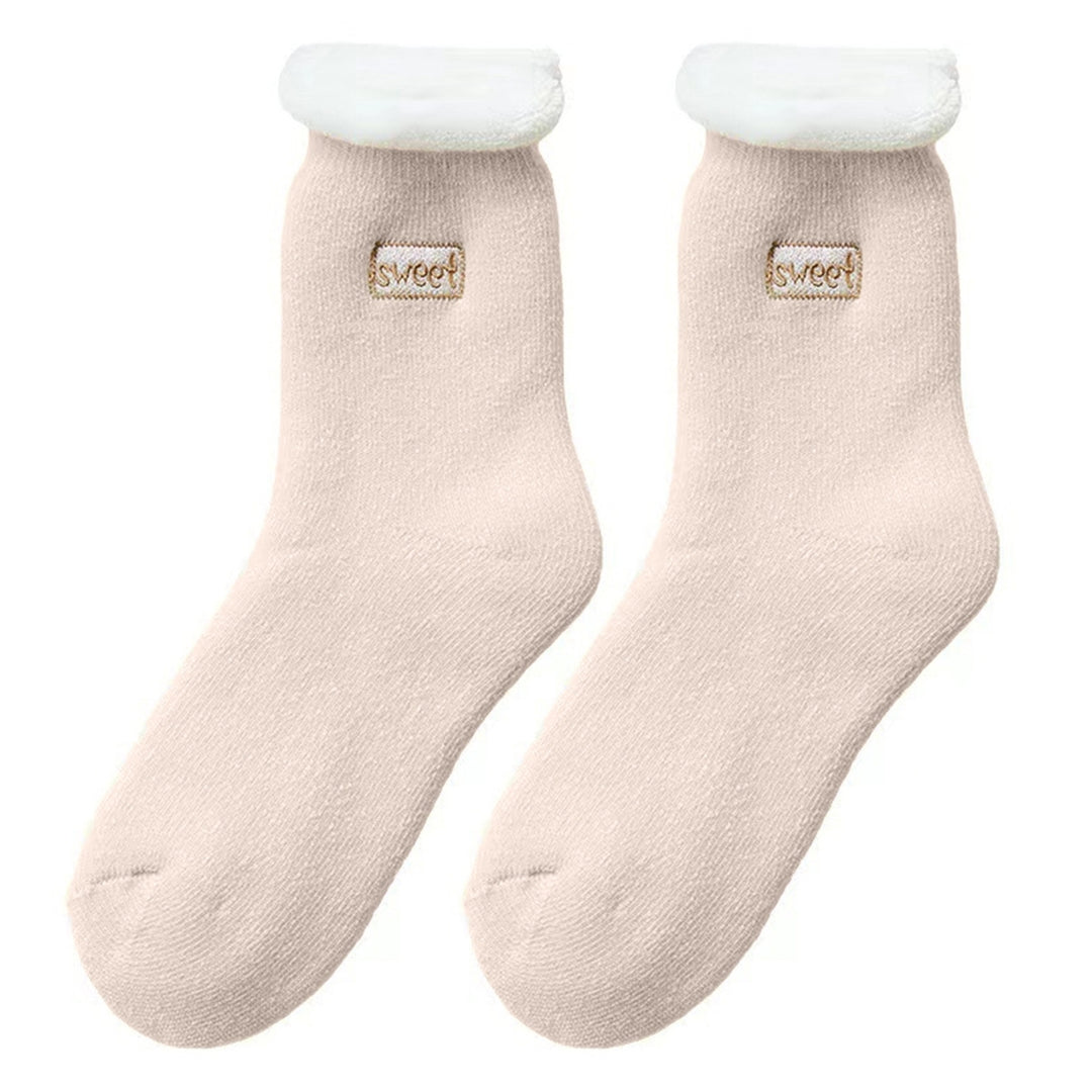 1 Pair Embroidery Letter Print Mid-Tube Snow Socks Women Solid Color Thickened Plush Lining Socks Costume Accessories Image 6