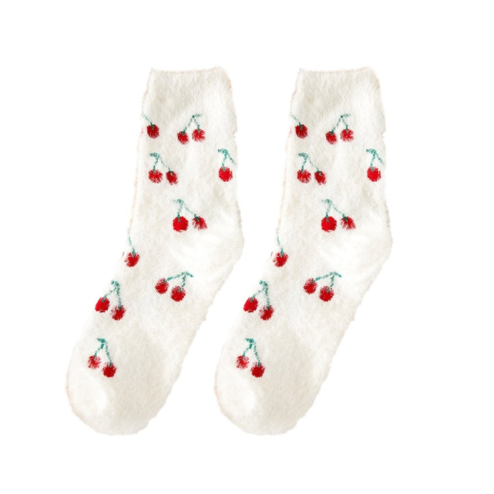 1 Pair Candy Color Mid-tube Thickened Thermal Socks Women Winter Fruit Print Fluffy Socks Image 1