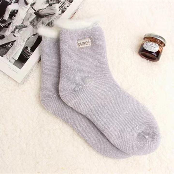 1 Pair Embroidery Letter Print Mid-Tube Snow Socks Women Solid Color Thickened Plush Lining Socks Costume Accessories Image 12