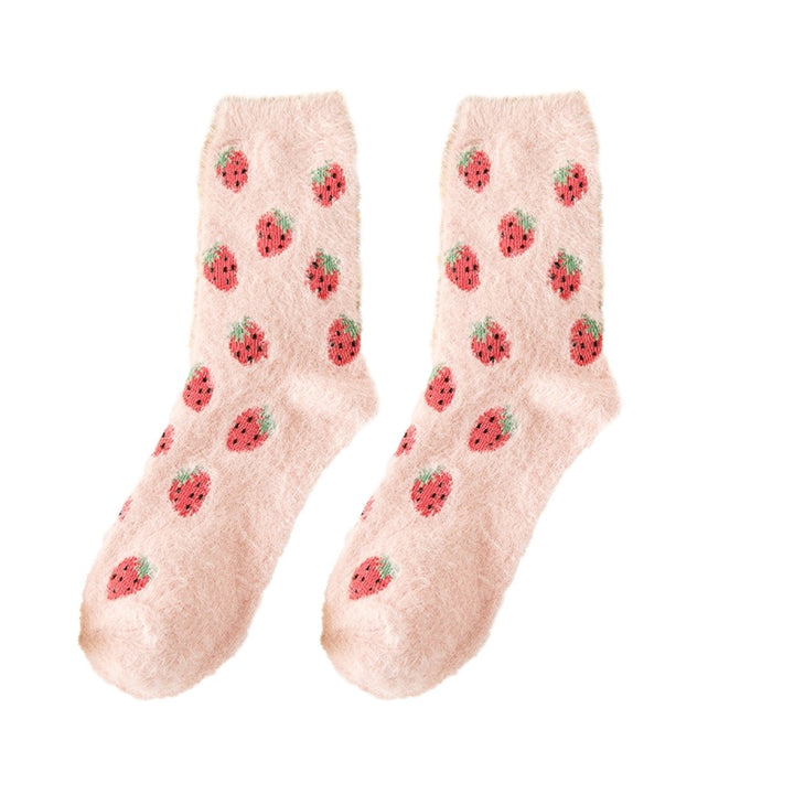 1 Pair Candy Color Mid-tube Thickened Thermal Socks Women Winter Fruit Print Fluffy Socks Image 4