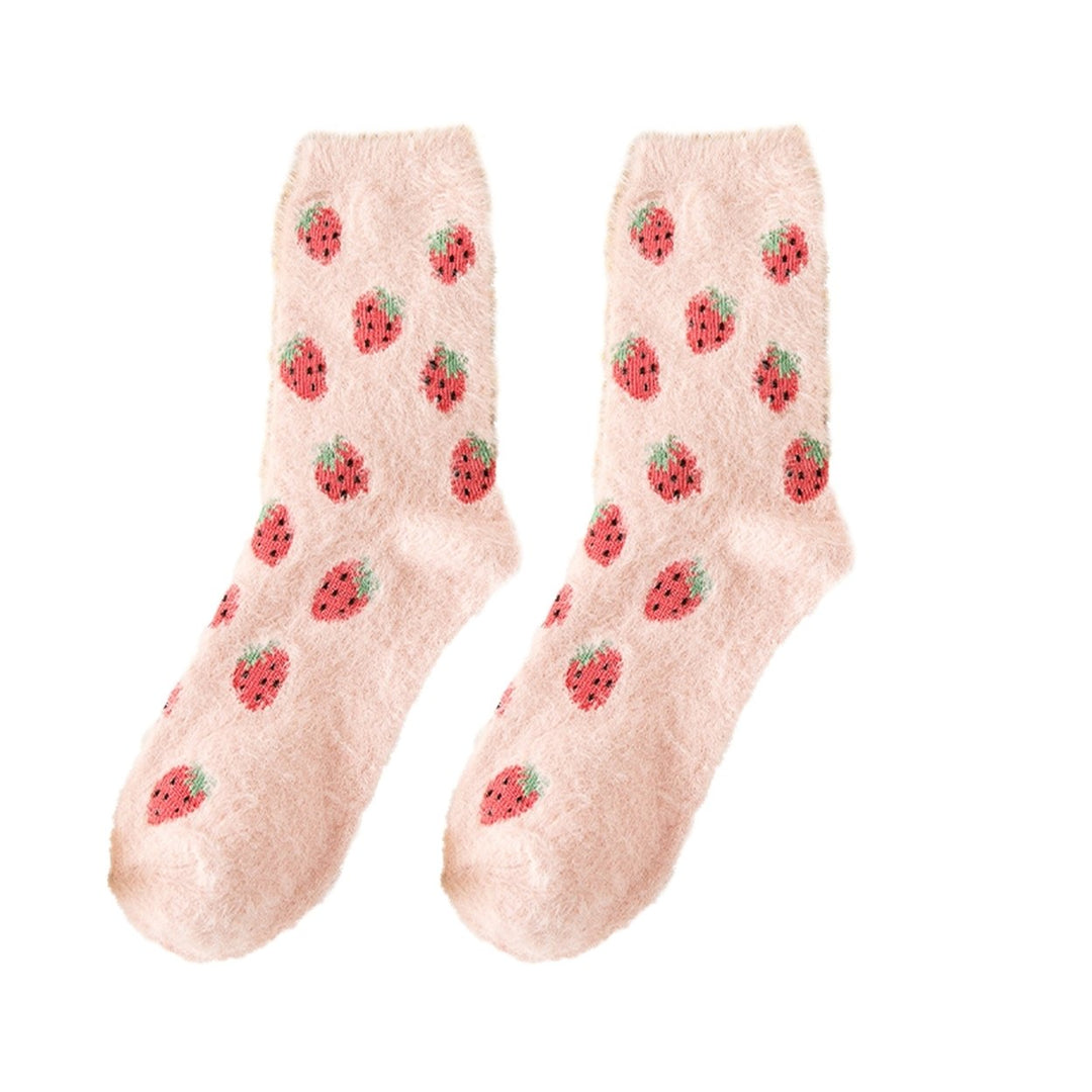 1 Pair Candy Color Mid-tube Thickened Thermal Socks Women Winter Fruit Print Fluffy Socks Image 1