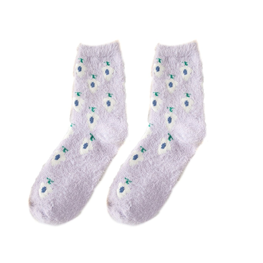 1 Pair Candy Color Mid-tube Thickened Thermal Socks Women Winter Fruit Print Fluffy Socks Image 6