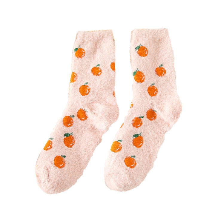 1 Pair Candy Color Mid-tube Thickened Thermal Socks Women Winter Fruit Print Fluffy Socks Image 9