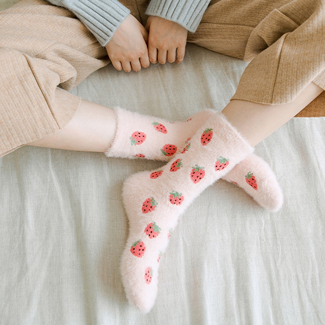 1 Pair Candy Color Mid-tube Thickened Thermal Socks Women Winter Fruit Print Fluffy Socks Image 10