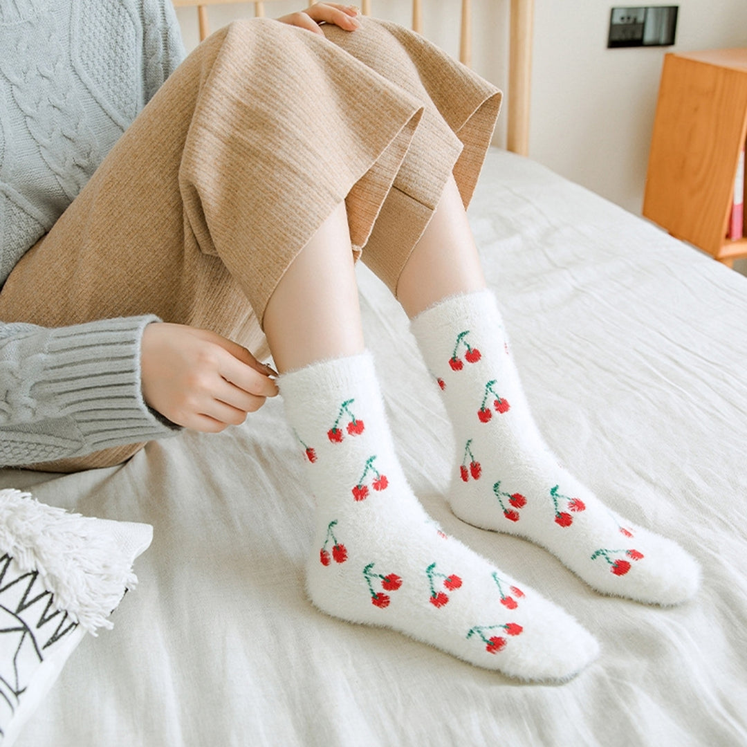 1 Pair Candy Color Mid-tube Thickened Thermal Socks Women Winter Fruit Print Fluffy Socks Image 12
