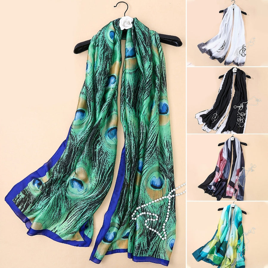 Sunscreen Exquisite Faux Silk Scarf Women Green Peacock Pattern Rectangle Shawl Costume Accessories Image 1