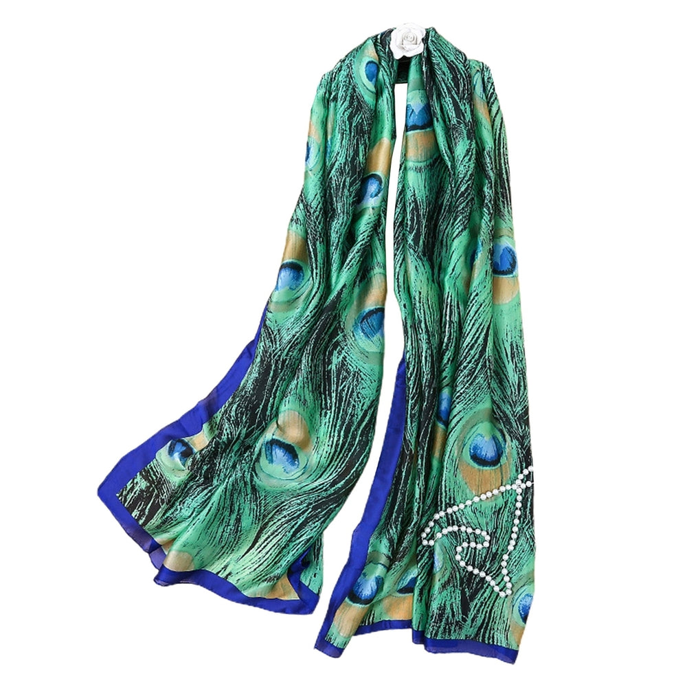 Sunscreen Exquisite Faux Silk Scarf Women Green Peacock Pattern Rectangle Shawl Costume Accessories Image 2