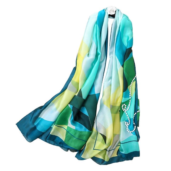 Sunscreen Exquisite Faux Silk Scarf Women Green Peacock Pattern Rectangle Shawl Costume Accessories Image 4