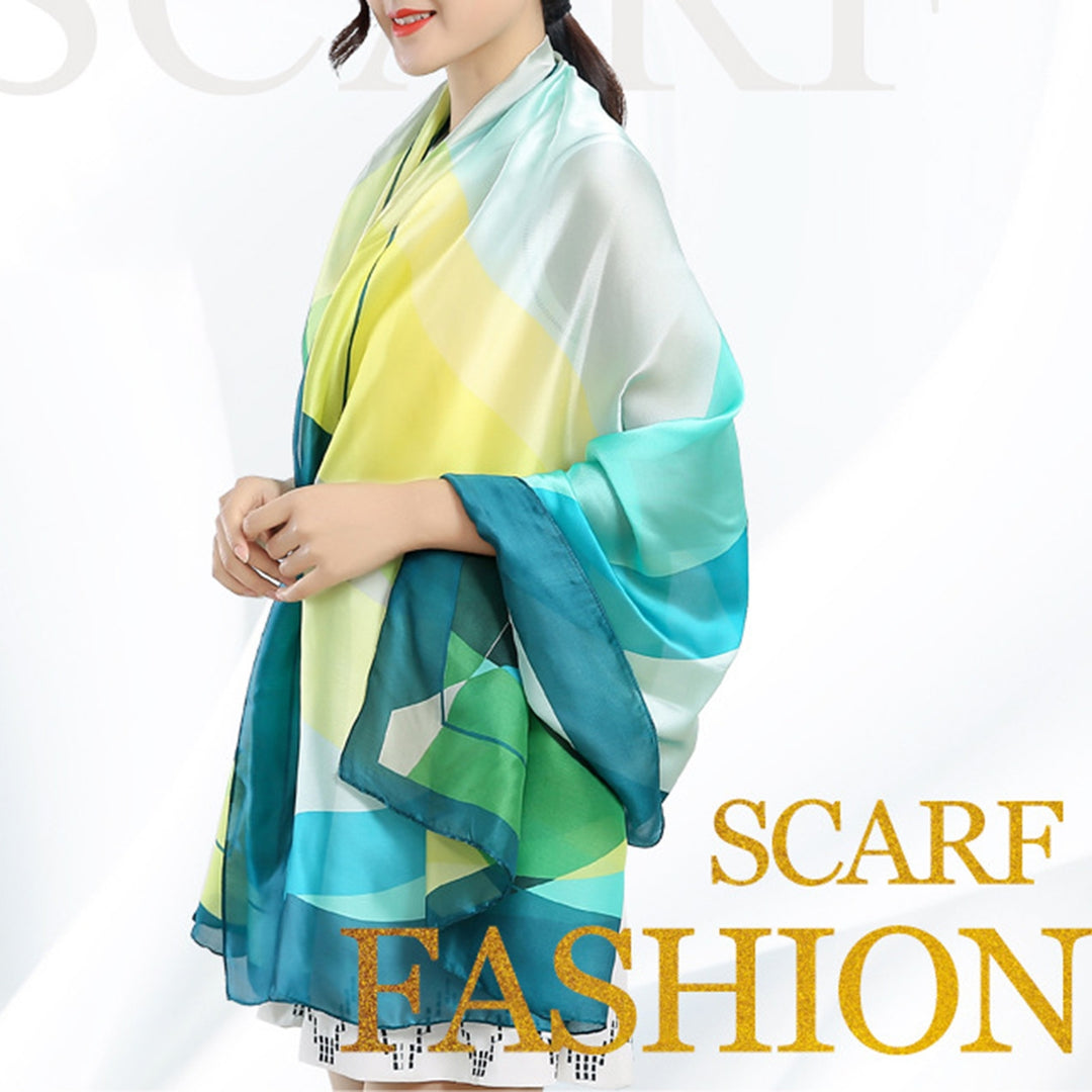 Sunscreen Exquisite Faux Silk Scarf Women Green Peacock Pattern Rectangle Shawl Costume Accessories Image 6