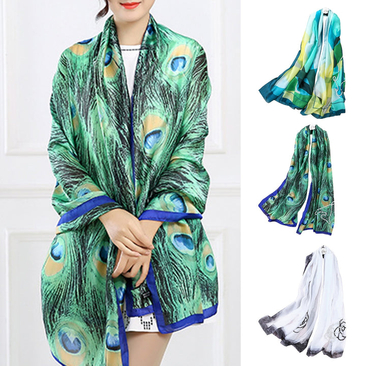 Sunscreen Exquisite Faux Silk Scarf Women Green Peacock Pattern Rectangle Shawl Costume Accessories Image 7