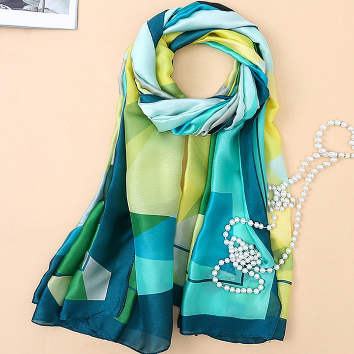 Sunscreen Exquisite Faux Silk Scarf Women Green Peacock Pattern Rectangle Shawl Costume Accessories Image 8