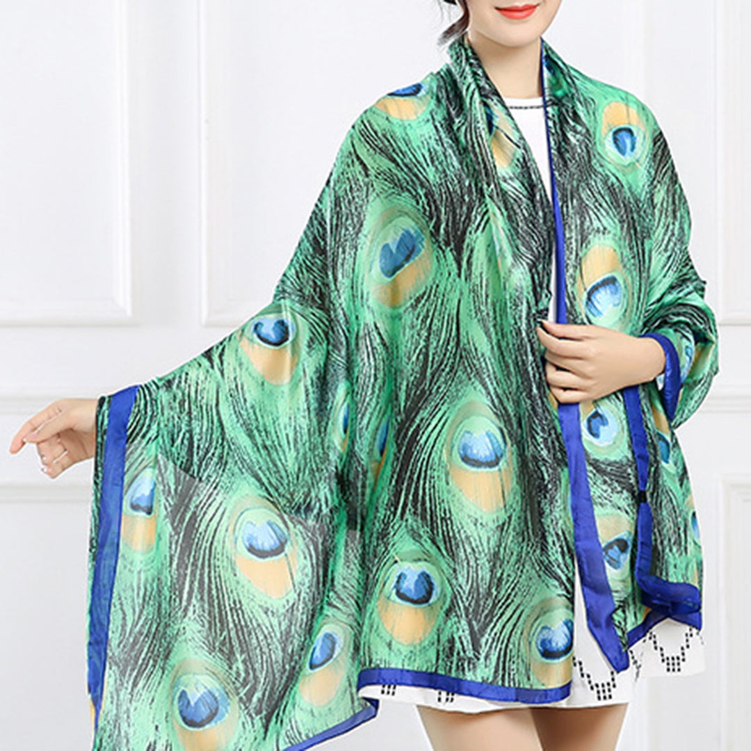 Sunscreen Exquisite Faux Silk Scarf Women Green Peacock Pattern Rectangle Shawl Costume Accessories Image 10