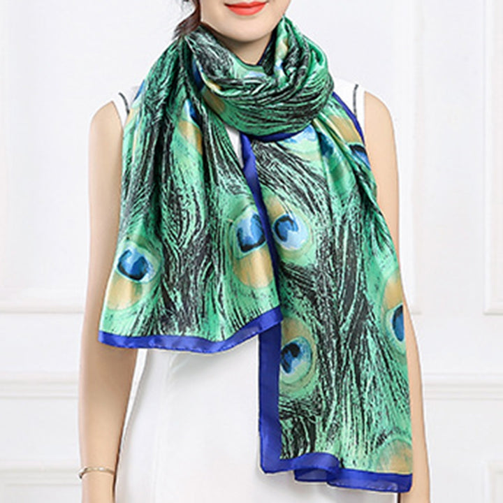 Sunscreen Exquisite Faux Silk Scarf Women Green Peacock Pattern Rectangle Shawl Costume Accessories Image 11