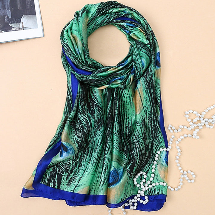 Sunscreen Exquisite Faux Silk Scarf Women Green Peacock Pattern Rectangle Shawl Costume Accessories Image 12