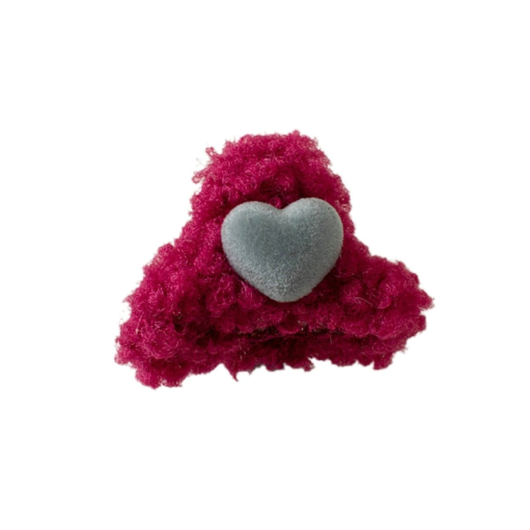 Heart Decor Contrast Color Hair Claw Korean Style Soft Plush Kids Hair Clip Styling Tool Image 1
