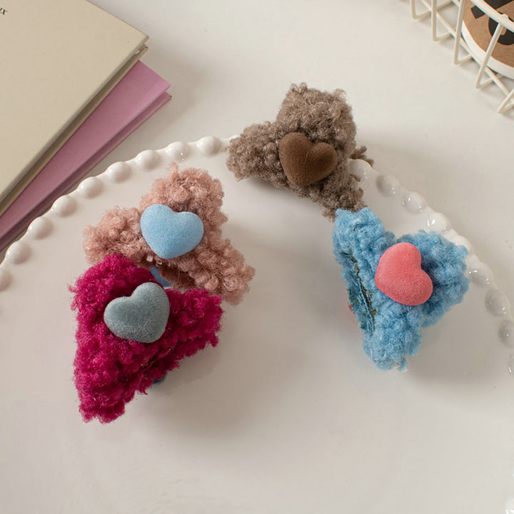 Heart Decor Contrast Color Hair Claw Korean Style Soft Plush Kids Hair Clip Styling Tool Image 10