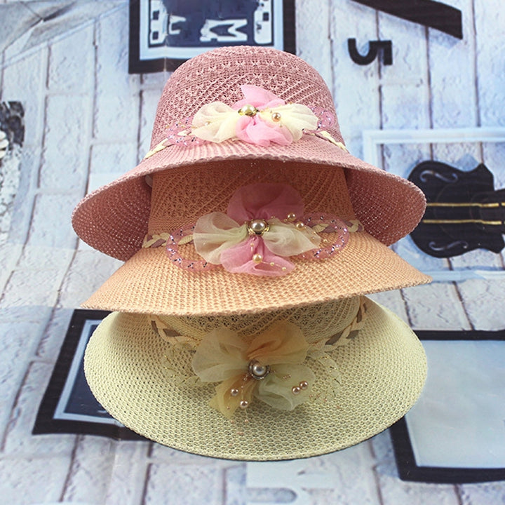 Women Beach Hat Wide Brim UV Protection Fabric Flower Decor Faux Pearl Braided Strap Sunscreen Image 1