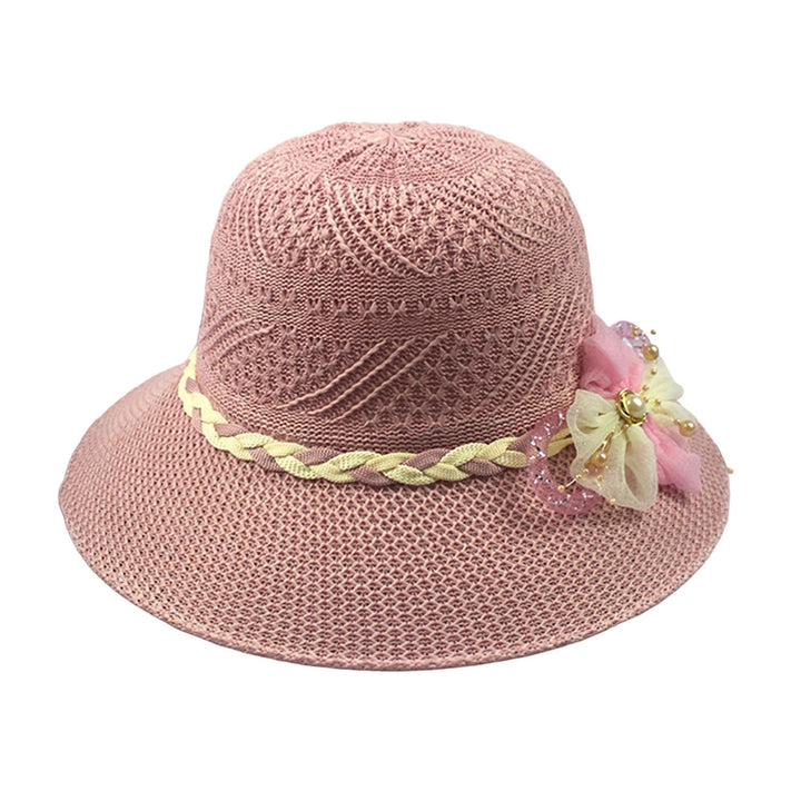 Women Beach Hat Wide Brim UV Protection Fabric Flower Decor Faux Pearl Braided Strap Sunscreen Image 2