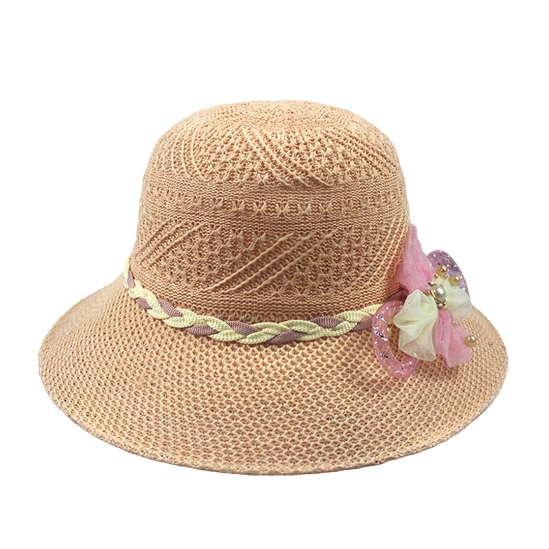 Women Beach Hat Wide Brim UV Protection Fabric Flower Decor Faux Pearl Braided Strap Sunscreen Image 3