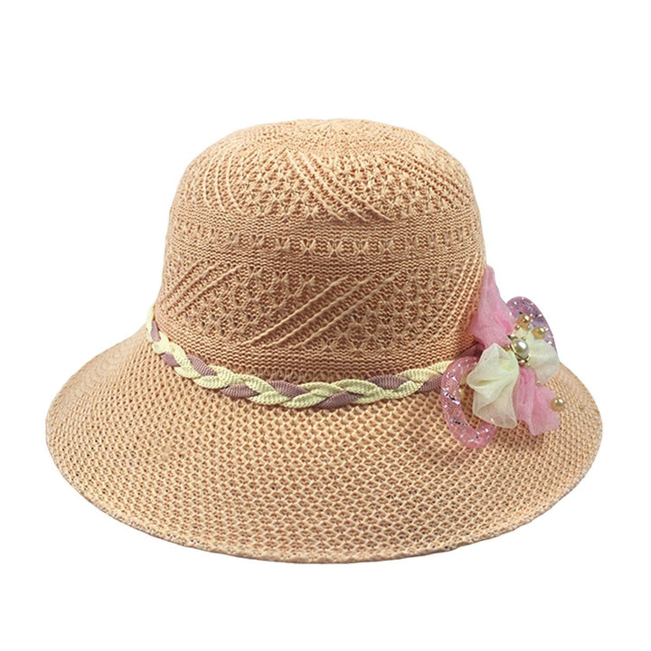 Women Beach Hat Wide Brim UV Protection Fabric Flower Decor Faux Pearl Braided Strap Sunscreen Image 1