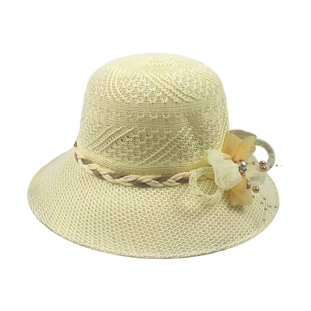 Women Beach Hat Wide Brim UV Protection Fabric Flower Decor Faux Pearl Braided Strap Sunscreen Image 4