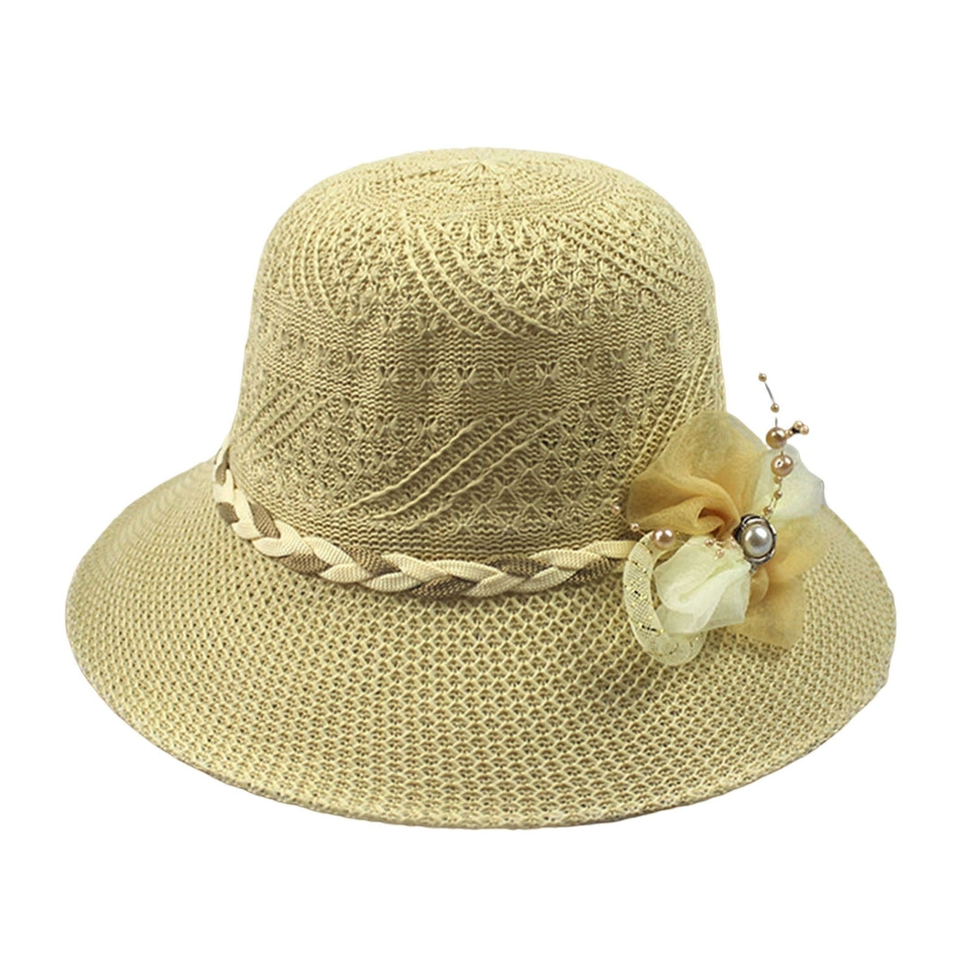 Women Beach Hat Wide Brim UV Protection Fabric Flower Decor Faux Pearl Braided Strap Sunscreen Image 4