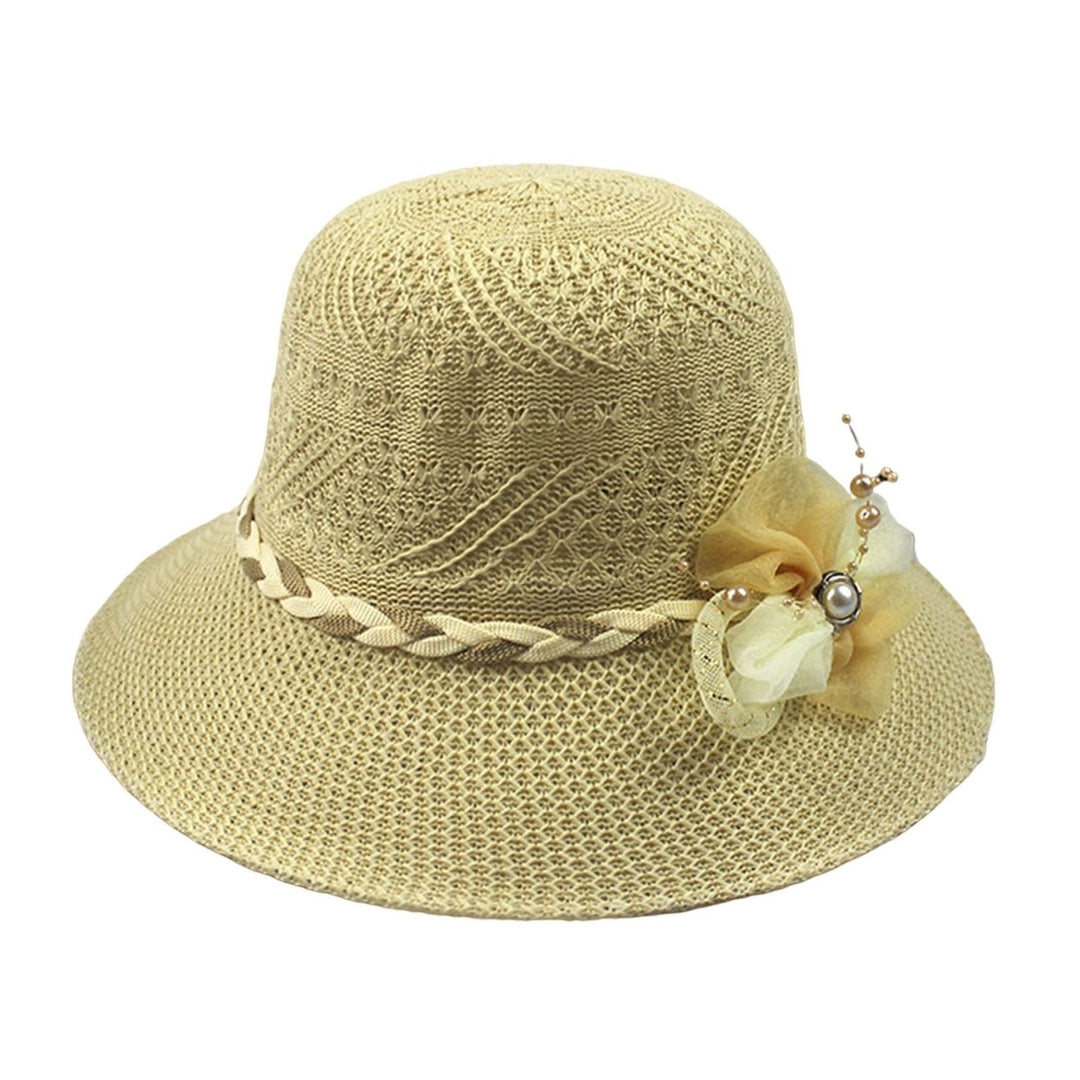 Women Beach Hat Wide Brim UV Protection Fabric Flower Decor Faux Pearl Braided Strap Sunscreen Image 1