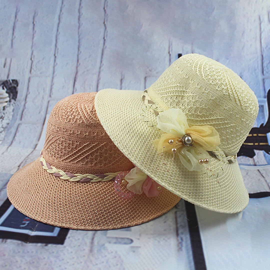 Women Beach Hat Wide Brim UV Protection Fabric Flower Decor Faux Pearl Braided Strap Sunscreen Image 6