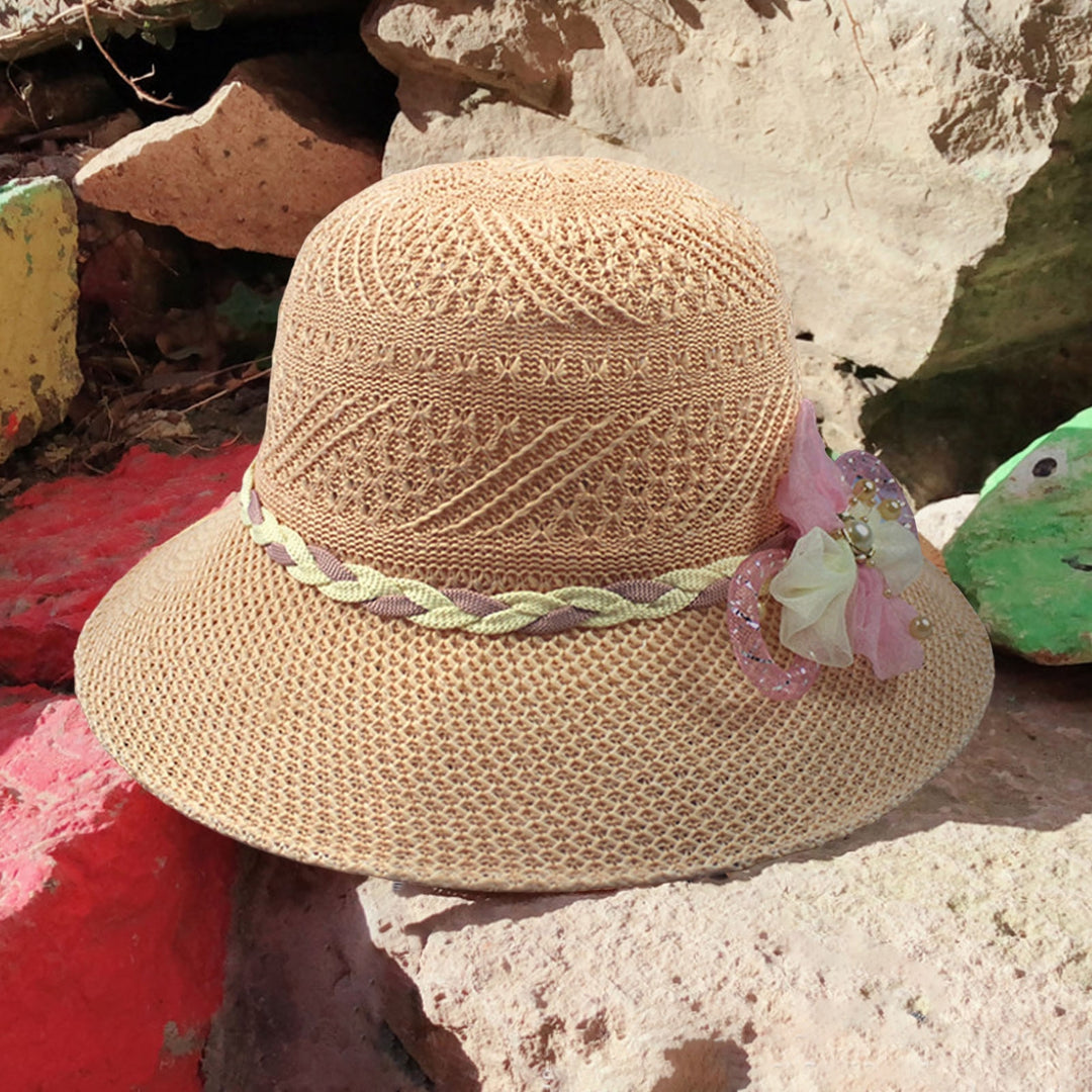 Women Beach Hat Wide Brim UV Protection Fabric Flower Decor Faux Pearl Braided Strap Sunscreen Image 7