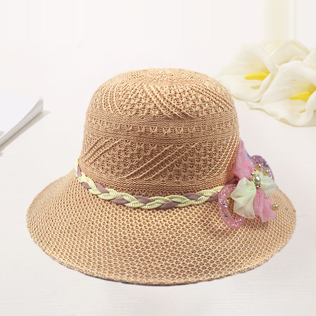 Women Beach Hat Wide Brim UV Protection Fabric Flower Decor Faux Pearl Braided Strap Sunscreen Image 8