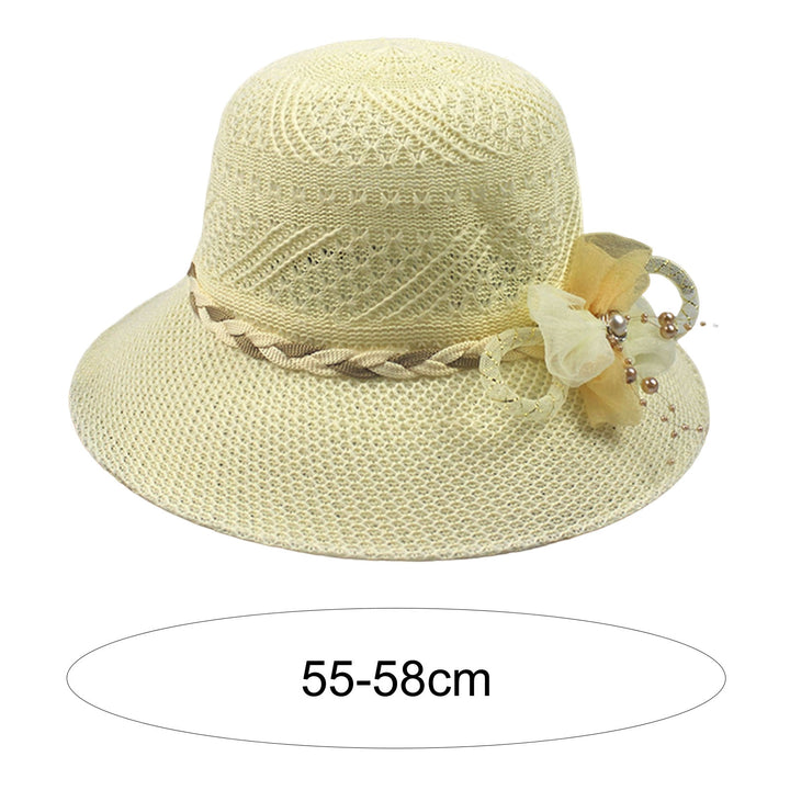 Women Beach Hat Wide Brim UV Protection Fabric Flower Decor Faux Pearl Braided Strap Sunscreen Image 9