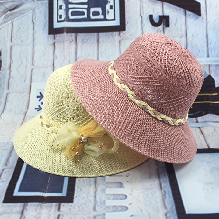 Women Beach Hat Wide Brim UV Protection Fabric Flower Decor Faux Pearl Braided Strap Sunscreen Image 10