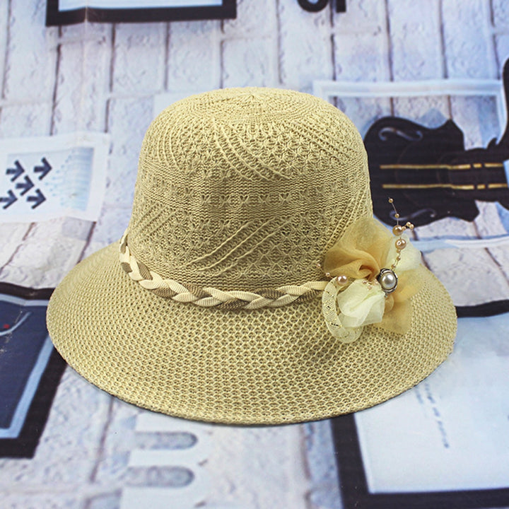 Women Beach Hat Wide Brim UV Protection Fabric Flower Decor Faux Pearl Braided Strap Sunscreen Image 11