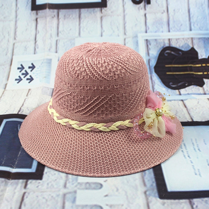 Women Beach Hat Wide Brim UV Protection Fabric Flower Decor Faux Pearl Braided Strap Sunscreen Image 12