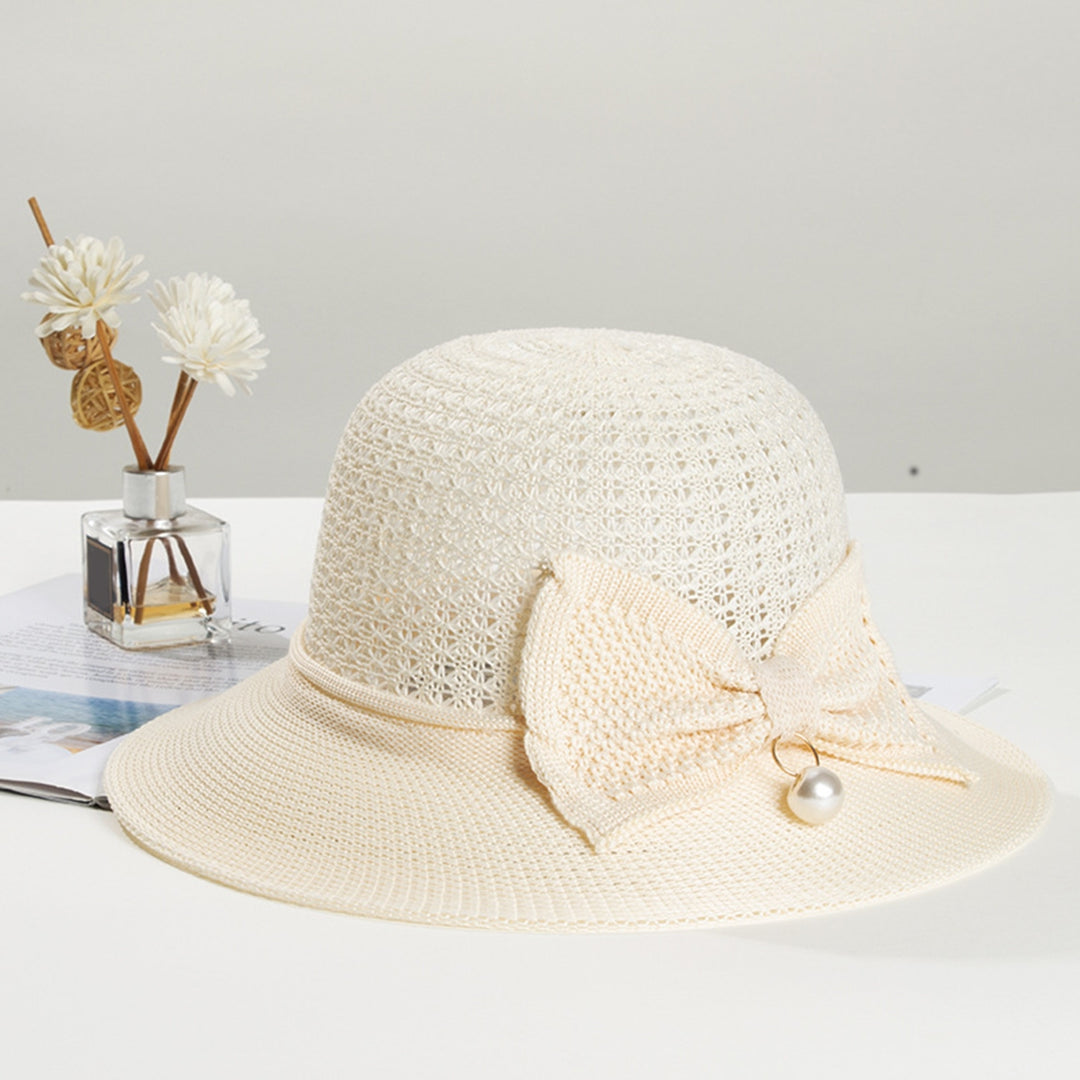 Faux Pearls Bowknot Decor Sun Hat Women Big Brim Floppy Straw Hat Fashion Accessories Image 8