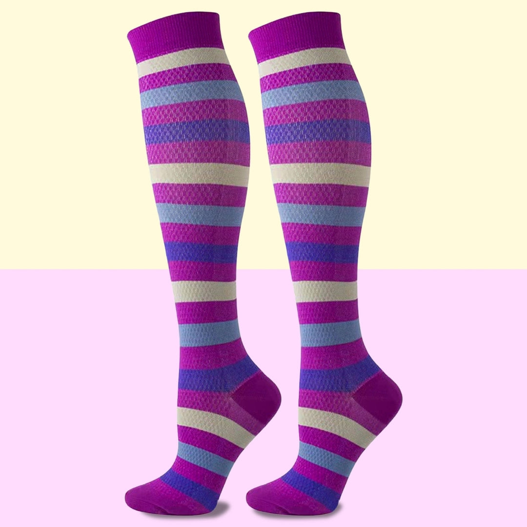1 Pair Women Men Stockings Striped Contrast Color Compression Slimming Anti-slip Keep Warm High Image 12