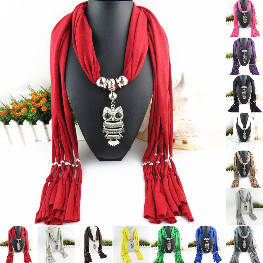 Long Fringed Solid Color Women Scarf Retro Owl Pendant Necklace Scarf Costume Accessories Image 1