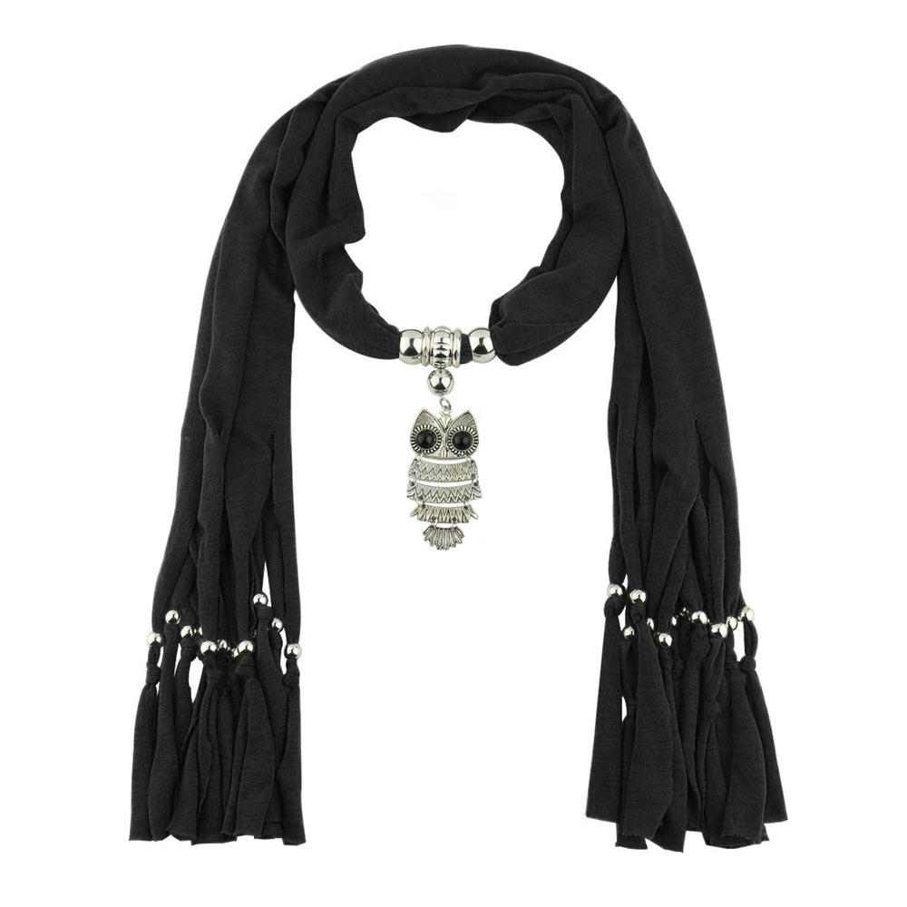 Long Fringed Solid Color Women Scarf Retro Owl Pendant Necklace Scarf Costume Accessories Image 2