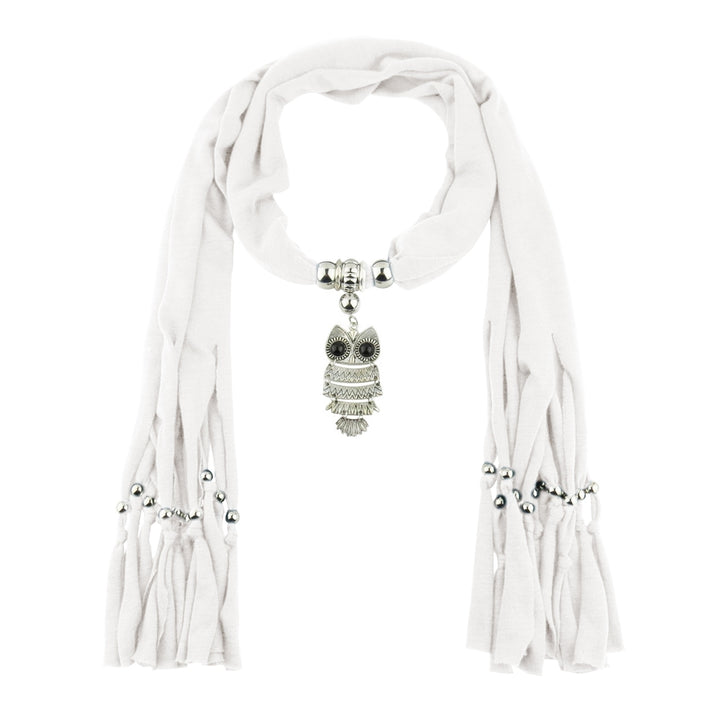 Long Fringed Solid Color Women Scarf Retro Owl Pendant Necklace Scarf Costume Accessories Image 3