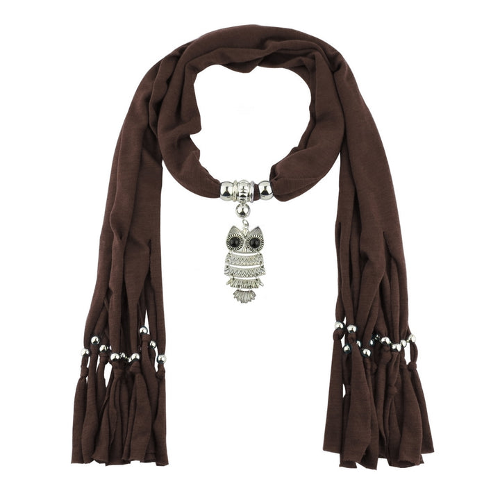 Long Fringed Solid Color Women Scarf Retro Owl Pendant Necklace Scarf Costume Accessories Image 4