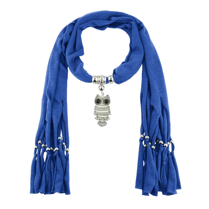 Long Fringed Solid Color Women Scarf Retro Owl Pendant Necklace Scarf Costume Accessories Image 4