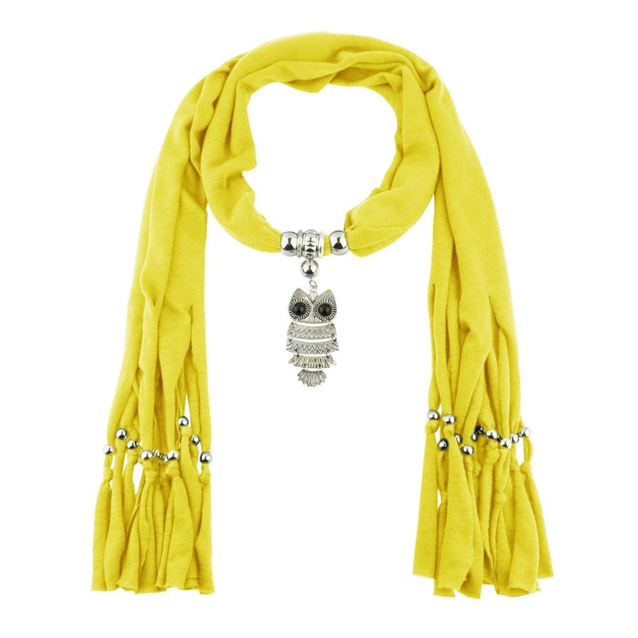 Long Fringed Solid Color Women Scarf Retro Owl Pendant Necklace Scarf Costume Accessories Image 6