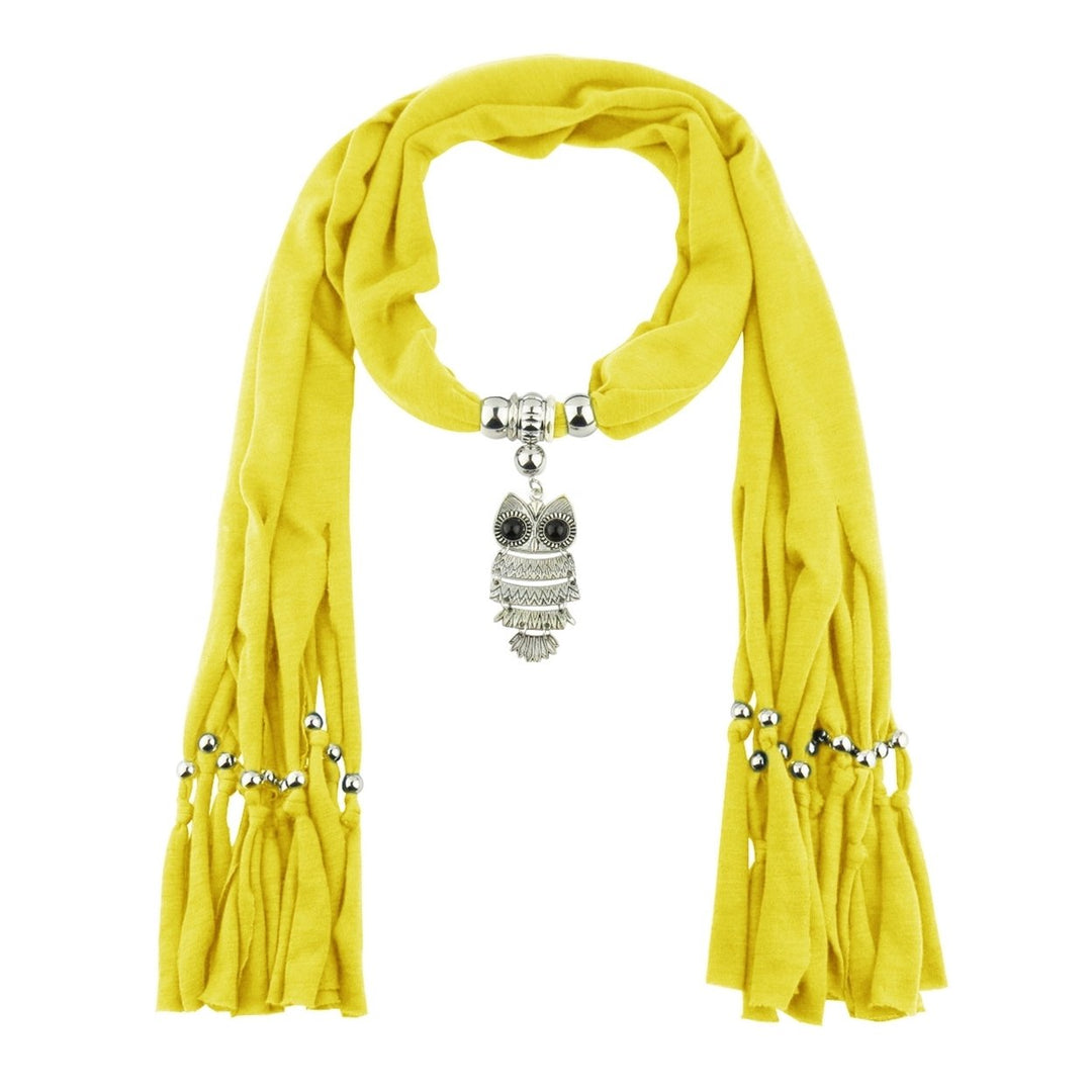 Long Fringed Solid Color Women Scarf Retro Owl Pendant Necklace Scarf Costume Accessories Image 1