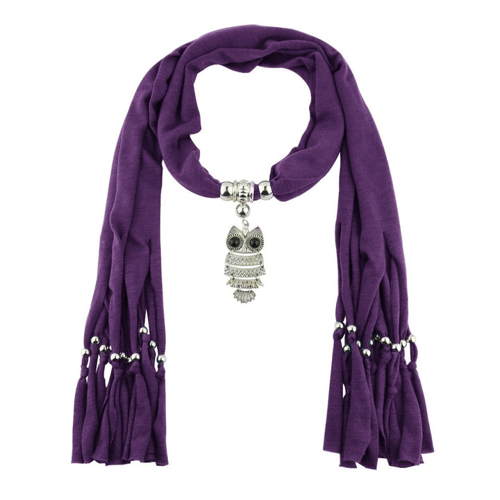 Long Fringed Solid Color Women Scarf Retro Owl Pendant Necklace Scarf Costume Accessories Image 7