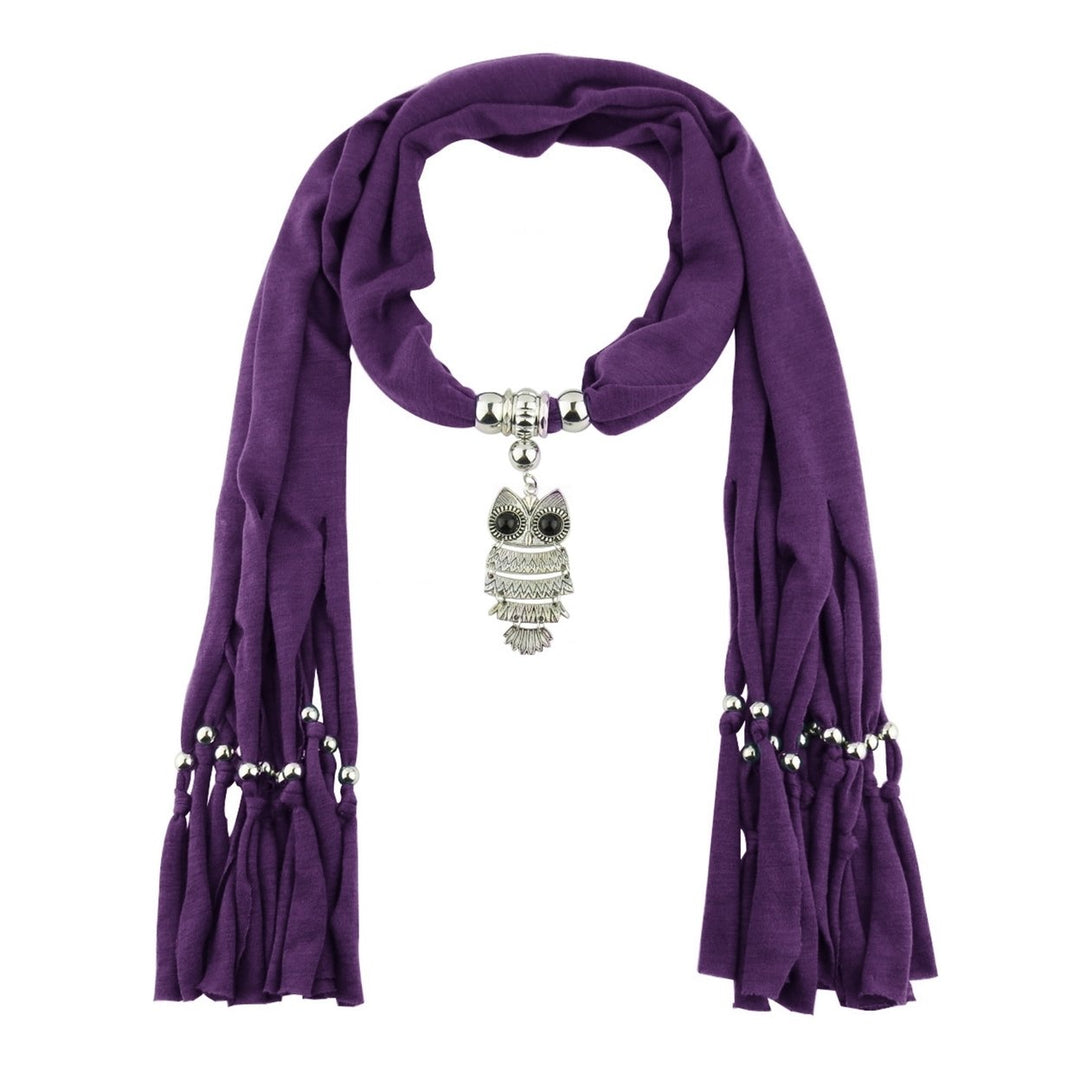 Long Fringed Solid Color Women Scarf Retro Owl Pendant Necklace Scarf Costume Accessories Image 1