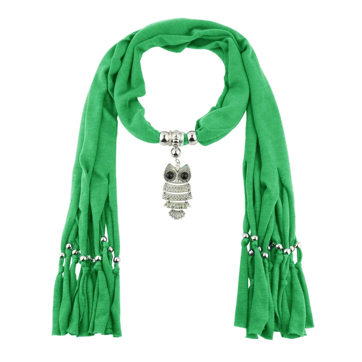 Long Fringed Solid Color Women Scarf Retro Owl Pendant Necklace Scarf Costume Accessories Image 8