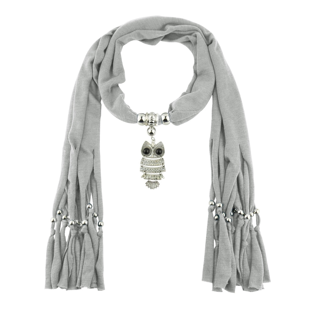 Long Fringed Solid Color Women Scarf Retro Owl Pendant Necklace Scarf Costume Accessories Image 9